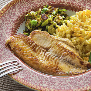 tilapia, rice with carrot and brussels sprouts